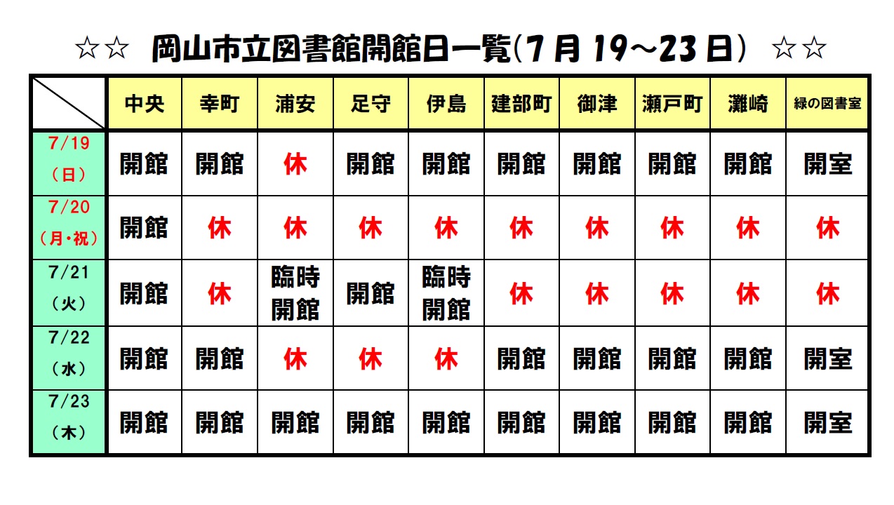 令和8年7月19日（日曜日）から23日（木曜日）