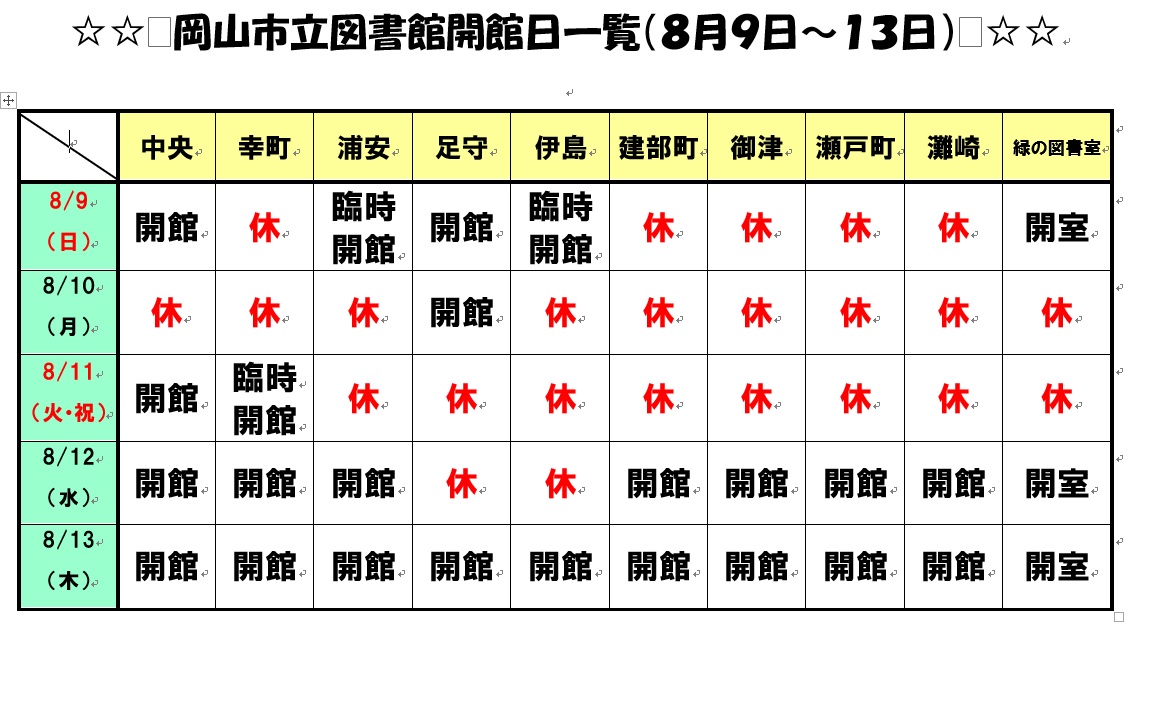 令和8年8月9日(日曜日)から13日(木曜日)の休館日一覧