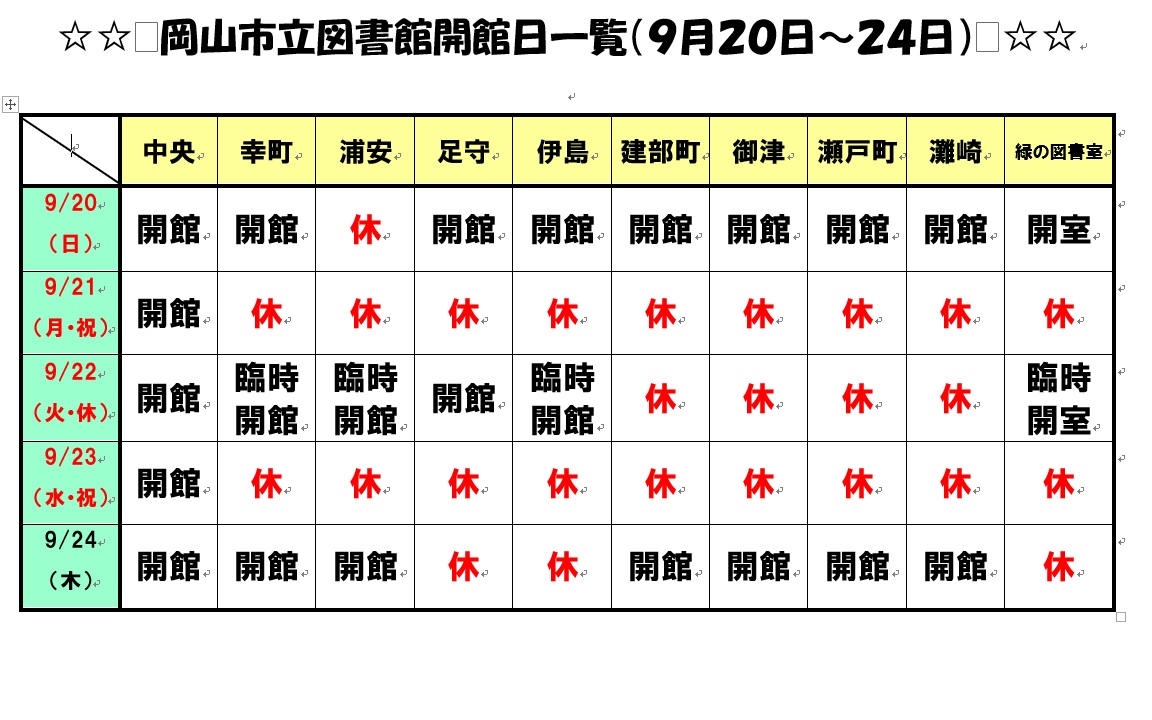 令和8年9月20日(日曜日)から24日(木曜日)までの休館日一覧